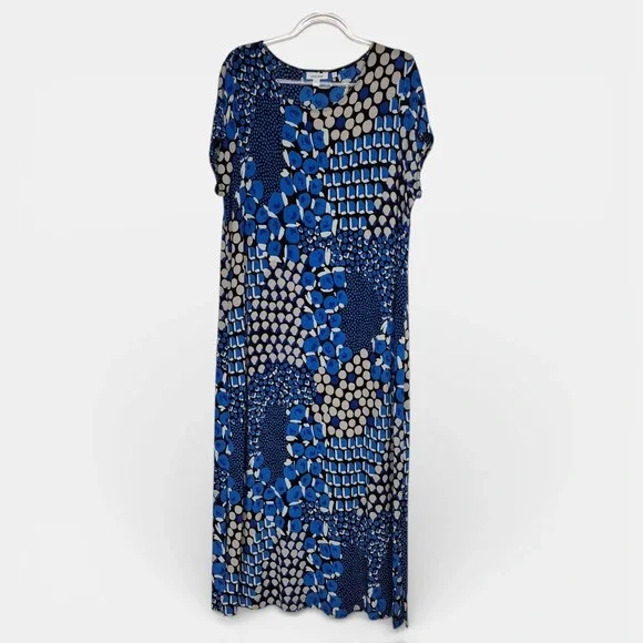 Chicos Womens Sz 3/XL Blue Abstract Geometric Maxi Dress Short Sleeve Scoop Neck - Picture 1 of 7
